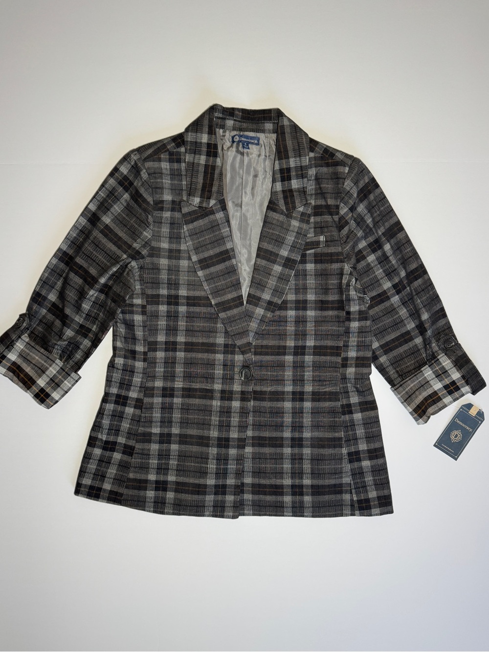 NWT Democracy Gray Plaid Women's Blazer Jacket with Pockets